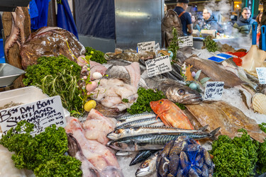 Свежее филе морепродуктов, цельная рыба и устрицы, выложенные на лед с зеленью на рынке Боро в Лондоне - Tartezy