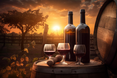Vineyard wine bottle at barrel. Generate Ai - yliv