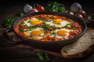 Шакшука готовится на сковороде. Обжаренный верх вкусный. Генерировать искусственный интеллект - yliv