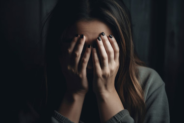 Женщина закрыла лицо руками, тоскуя по дому. Эмоция боли. Вымышленный человек. Создать искусственный интеллект - yliv