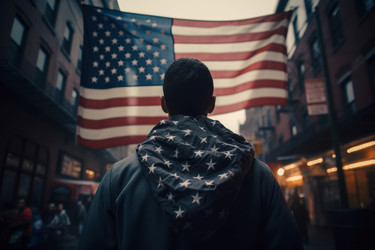 Мужчина отдает честь флагу США. Генерировать искусственный интеллект - yliv