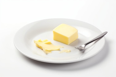 Наколите вилкой кусочек сливочного масла на тарелку. Пищевые молочные продукты. Генерировать искусственный интеллект - yliv