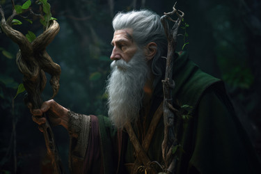 Forest druid monk. Summer travel. Fictional person. Generate Ai - yliv