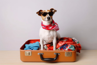 Dog sit at open suitcase. Vacation travel. Generate Ai - yliv