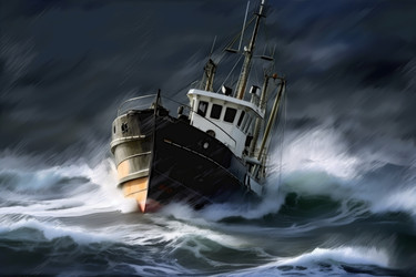 Рыбацкая лодка под штормовым дождем. Корабль с морской рыбой. Генерировать искусственный интеллект - yliv