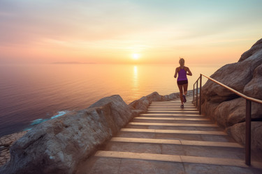 Woman running ocean beach in morning. Nature outdoor. Generate Ai - yliv