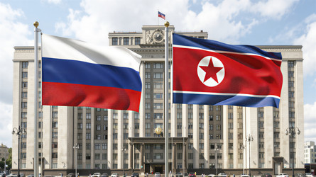 Флаги России и Северной Кореи перед монументальным зданием - Vvicca