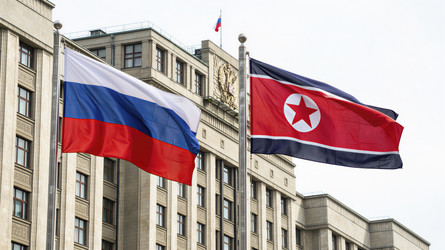 Флаги России и Северной Кореи перед правительственным зданием - Vvicca