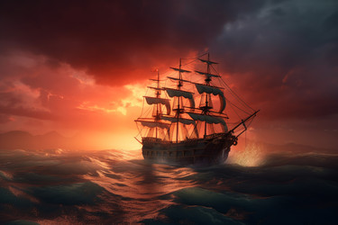 Корабль в штормовом море. Океанская лодка на закате. Создайте искусственный интеллект - yliv