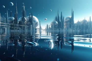 Futuristic city harbor in water. Generate Ai - yliv