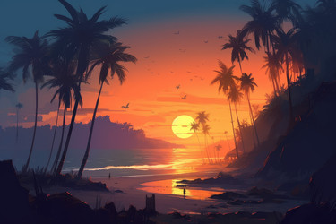 Beach palm tree sunset. Generate Ai - yliv