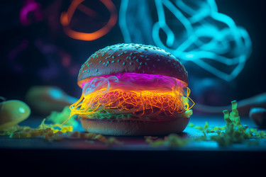 Неоновый бургер Vaporwave. Футуристическое произведение искусства. Генерировать искусственный интеллект - yliv