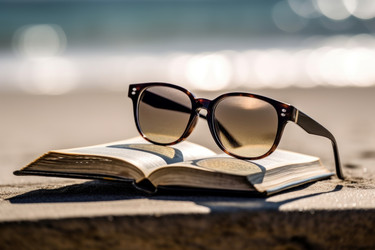 Солнцезащитные очки на стопке книг. Путешествие по воде на природе. Генерировать искусственный интеллект - yliv
