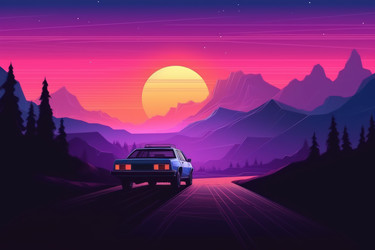 Ретро пейзаж, автомобиль розовый. Создать ИИ - yliv