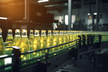 Конвейерная лента с зеленой газировкой. Форма бутылки. Генерировать искусственный интеллект - yliv