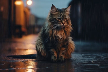Кошка на улице под вечерним дождем. Дорожный котенок. Генерировать искусственный интеллект - yliv