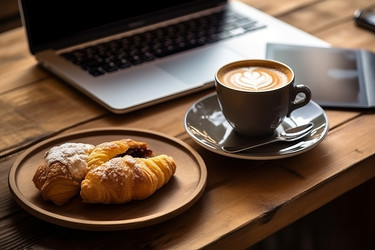 Coffee pastry laptop. Generate Ai - yliv