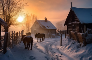 Сельский зимний пейзаж деревенского дома. Сезон восходов солнца. Генерировать искусственный интеллект - yliv