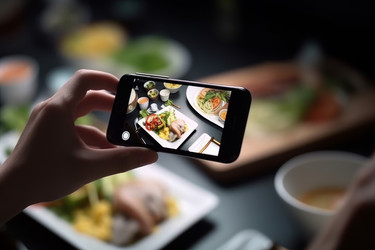 Домашний смартфон фотографирует еду. Изображение на экране. Генерировать искусственный интеллект - yliv