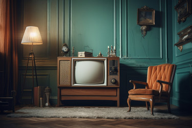 Ретро-комната с винтажным телевизором. Интерьерный цветок. Генерировать искусственный интеллект - yliv