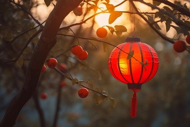 Chinese lantern on tree. Travel paper tradition. Generate Ai - yliv