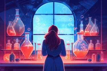 Красочная иллюстрация женщины-химика. Испытательная лаборатория. Генерировать искусственный интеллект - yliv