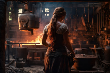 Blacksmith home woman forge. Workshop flame. Generate Ai - yliv