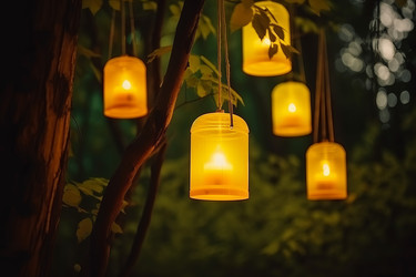 Освещенное желтыми фонарями дерево. Азиатская лампа. Генерировать искусственный интеллект - yliv