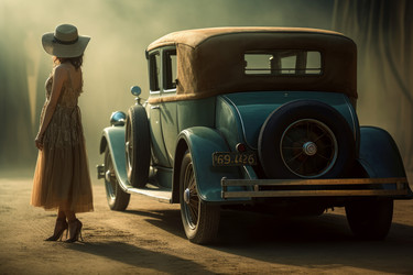 Американка возле автомобиля bllue 1920 года выпуска. Генерировать искусственный интеллект - yliv