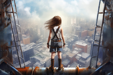 Industrial climber girl skyscraper. Generate Ai - yliv