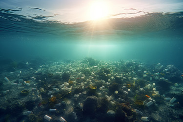 Пластиковые бутылки с водой, солнечный свет океана. Мусор грязный. Генерировать искусственный интеллект - yliv
