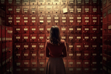 Женщина-архивариус в красных шкафах. Генерировать искусственный интеллект - yliv