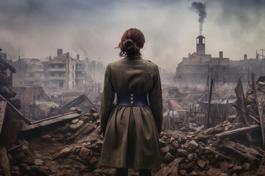 Женщина-военнослужащая 1920 года, разрушенный город. Генерировать искусственный интеллект - yliv