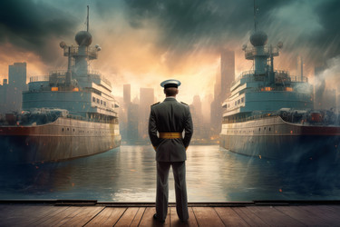 Человек -капитан корабля. Вид на море на закате. Создать ИИ - yliv