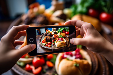 Человек, фотографирующий вкусную еду. Изображение с камеры. Генерировать искусственный интеллект - yliv