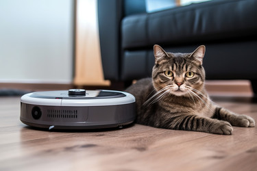Робот-пылесос Cat. Концепция комнаты для домашних животных. Генерировать искусственный интеллект - yliv