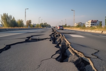 Дорога трескается после повреждения землетрясением. Каменная катастрофа. Генерировать искусственный интеллект - yliv