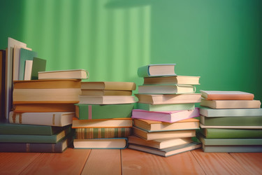 Книги, деревянный стол, зеленая стена. Генерировать искусственный интеллект - yliv