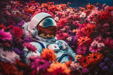 Астронавт возлагает красные цветы. Планета-сад. Генерировать искусственный интеллект - yliv