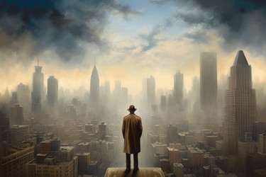 Человек, посмотрите на город в тумане. Старые времена 1920-х годов. Генерировать искусственный интеллект - yliv