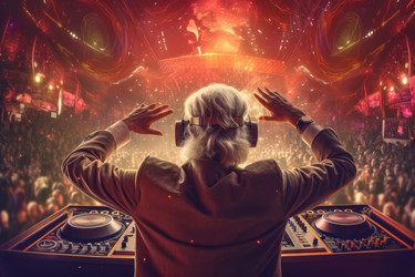 Диджей old man fun dancing people club. Неоновый концерт. Генерировать искусственный интеллект - yliv