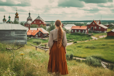 Русская женщина в поле старой деревни. Улица деревенская. Генерировать искусственный интеллект - yliv
