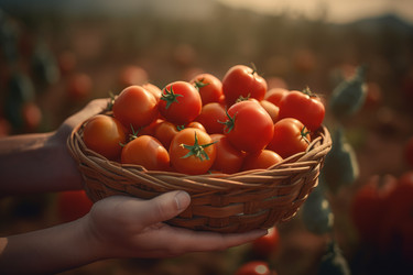 Руки, держа помидор корзину. Свежие продукты. Создать ИИ - yliv