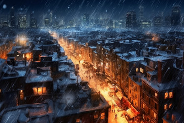 Заснеженный ночной город. Улица холодные пейзажи. Создать ИИ - yliv