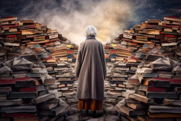 Пожилая женщина-поэтесса возле книг. Типовой роман. Генерировать искусственный интеллект - yliv