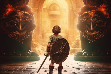Игровой вымышленный мир Warrior child sword. Цифровой военный человек. Генерировать искусственный интеллект - yliv