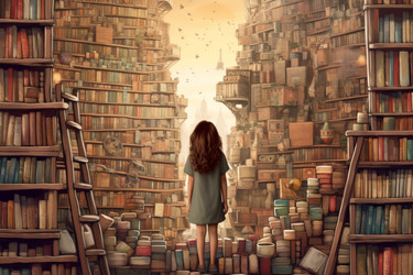 Девочка-поэтесса возле книг. Концептуальная книга. Генерировать искусственный интеллект - yliv