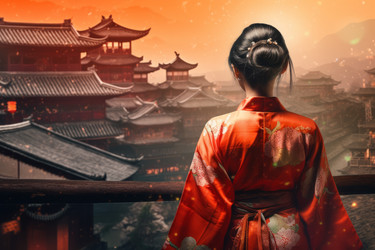 Красное кимоно китайской деревенской женщины. Вид осеннего лета. Генерировать искусственный интеллект - yliv