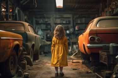 Девочка-автомеханик в гараже. Двигатель-мотор. Генерировать искусственный интеллект - yliv