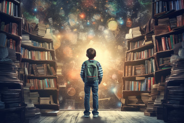 Ребенок-поэт возле книг. Автор текста. Генерировать искусственный интеллект - yliv